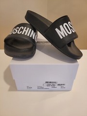 Moschino black pool slides slippers with white logo size 31-32EUR/13-1US
