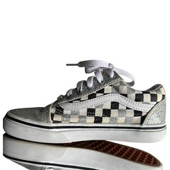 Vans Kids Old School Low Silver Black & White Checkerboard Skate Shoes Size 2
