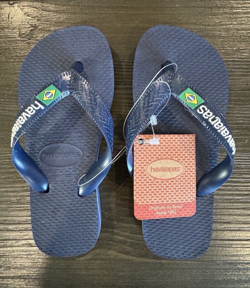 NWT Havaianas Brasil Logo Flip Flops Navy Blue Rubber Sandals US 11/12 EUR 29/30