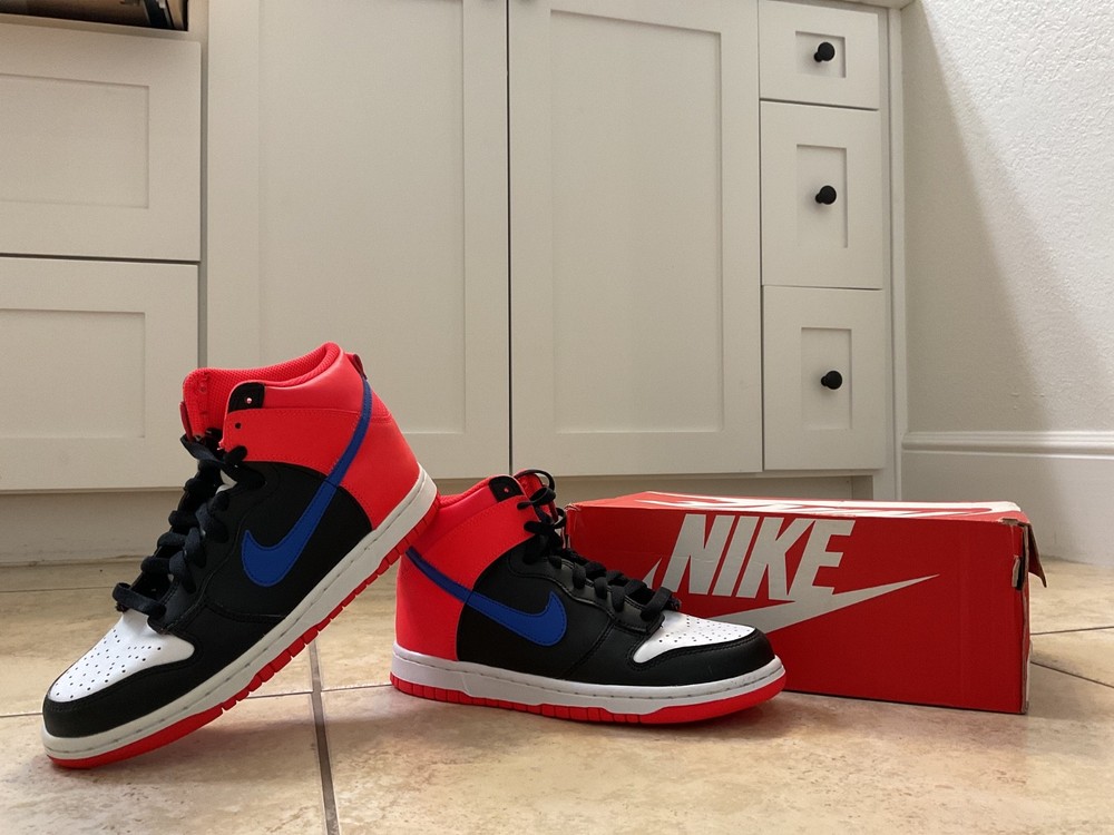 nike dunks high size 5.5y new with box! Red white black and blue.