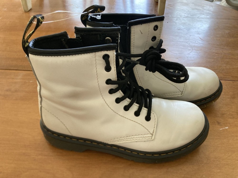 Dr. Martens White Youth Lace-Up Boots With Side Zipper And Yellow Stitching Sz 3