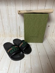 Gucci Embroidered Stripe Logo Canvas Slide Sandals Black Multicolor Sz 31 / 13