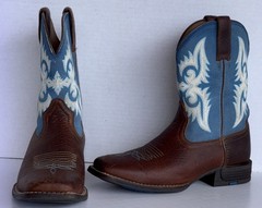 ARIAT YOUTH LONESTAR BROWN BLUE WAVES 3.5 SHOCK SHIELD SQUARE TOE COWBOY BOOTS