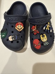 Crocs Classic Navy Blue Clogs C10 W/ Super Hero Jibbitz – Condition See Pictures