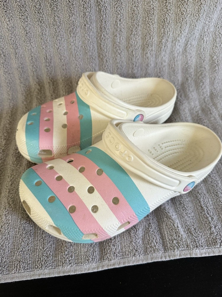 Crocs Classic Clog Kids Striped Slip-On Clogs White Pink Blue Green US 8