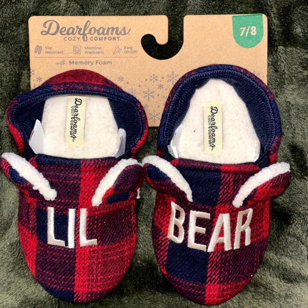 Dearfoams Lil Bear Slippers Kids 7-8 Red Blue Plaid Cozy Comfort Memory Foam