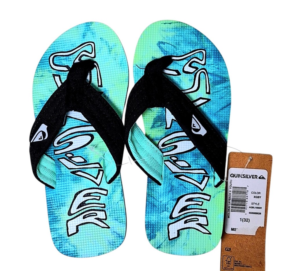 Quiksilver Kid’s Flip Flops Size 1 Molokai Layback II Blue Green Graphic NWT