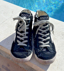 GOLDEN GOOSE BLACK SHIMMERING FABRIC SIDE ZIP HIGH TOP SNEAKERS Sz EUR 31 USA 13
