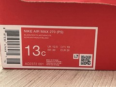 NIKE AIR MAX 270 (PS) BLACK / WHITE PRE SCHOOL AO2372 001 Size 14c