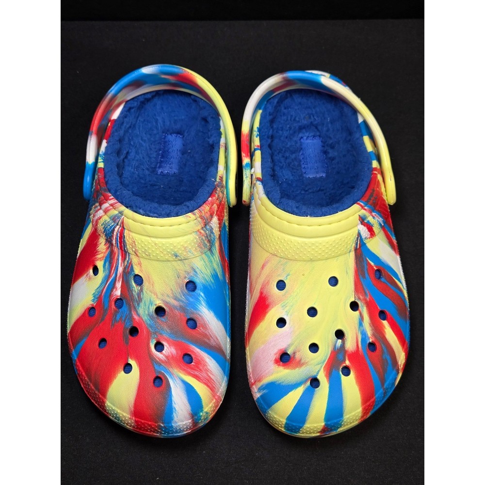 Crocs Kids Classic Fur Lined Clog Marbled Red Blue Yellow Fuzzy Shoes Size J3