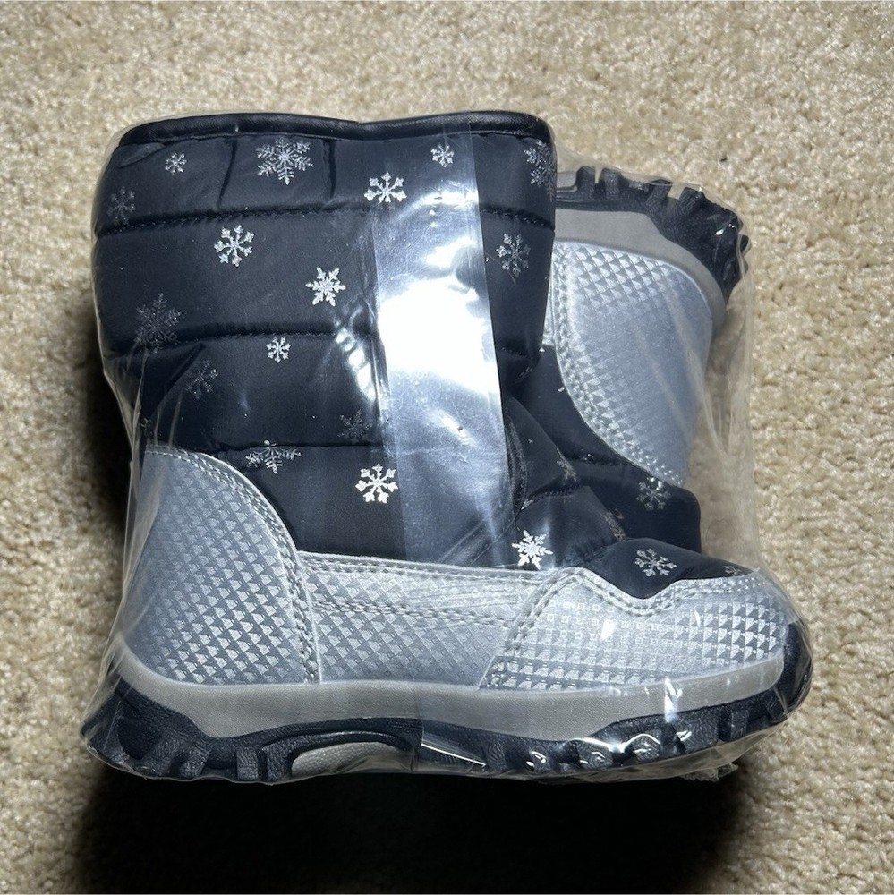 Kids Snowflake Waterproof Winter Boots Black Silver Hook & Loop EU 29