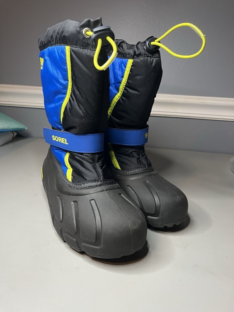 SOREL Flurry Boots Kid’s Size 6 Blue Black Yellow Fleece Snow Waterproof Pull On