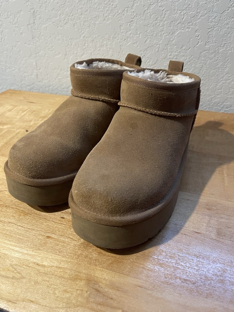 UGG Classic Ultra Mini Kids Brown Suede Faux Fur Ankle Bootie US 4 MPN 1157791K