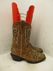 Kids Brown Leather Black Sparkle Inlay Embroidered Cowboy Boots Size 20 MEX