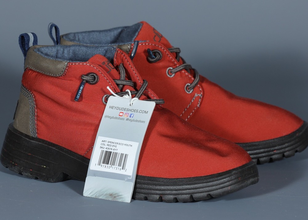HEY DUDE SPENCER YOUTH RED DYE ECO BOOTS Lightweigth UNISEX Shoe Sz J1