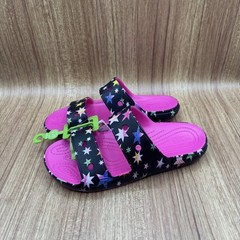 Crocs Classic Slide Black Pink Multi Kids J5 Star Pattern Sandals NEW