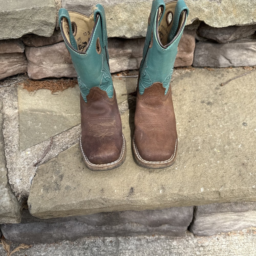 Masterson Boot Co. REBEL Kids Western Leather Boots Brown/Teal Size 10.5 M