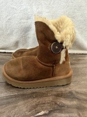 UGG Bailey Button Brown Suede Fur Trim Ankle Bootie Kids US 8 EU 25 5991T