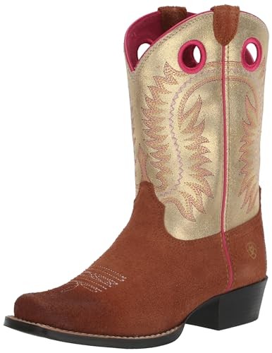 10047037 ARIAT UNISEX KIDS‘ DERBY MONROE WESTERN BOOT SIZE 5 TERRA ROUGHOUT/GOLD