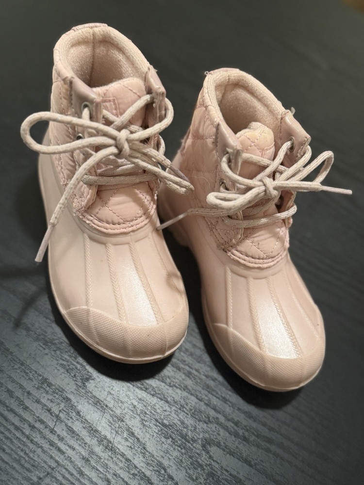 Sperry Pink Quilted Duck Boot Unisex Kids Lace-Up Faux Fur, Size 8M