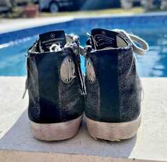 GOLDEN GOOSE BLACK SHIMMERING FABRIC SIDE ZIP HIGH TOP SNEAKERS Sz EUR 31 USA 13