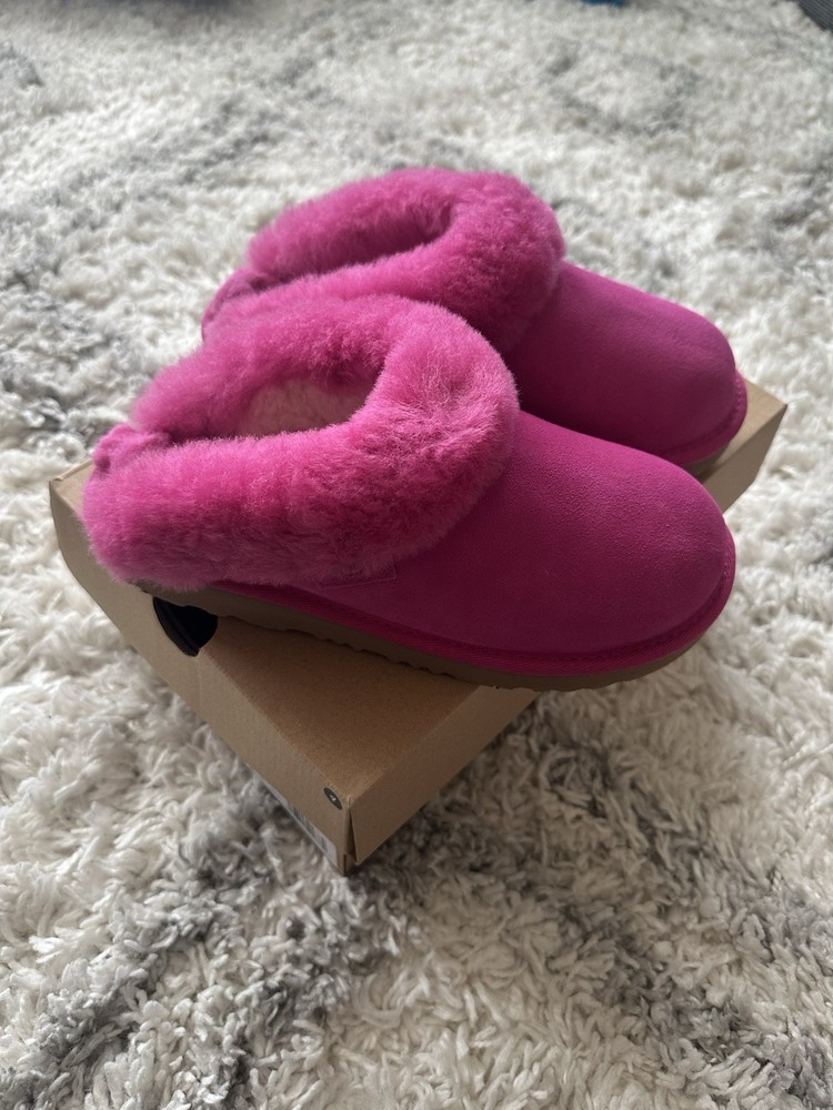 UGG K Cluggette Pink Shearling Suede Slippers Fur Trim Logo EU 36 US 4