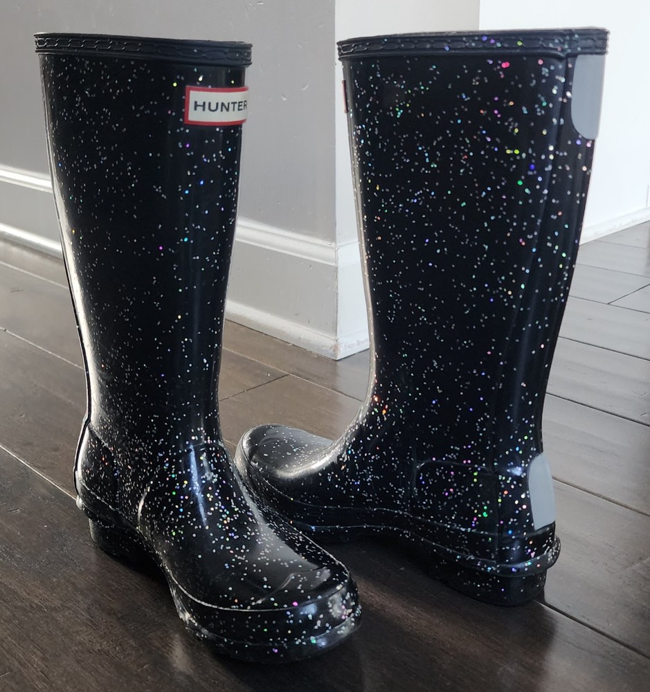 Hunter Big Kid Original Giant Glitter Black Rain Boot UK1/EU33/US B2/G3