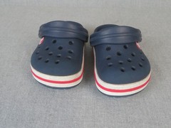 Iconic Comfort Crocs Youth C5 Slingbacks Blue, Red & White Slip-Ons