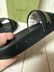 Gucci Embroidered Stripe Logo Canvas Slide Sandals Black Multicolor Sz 29 / 12