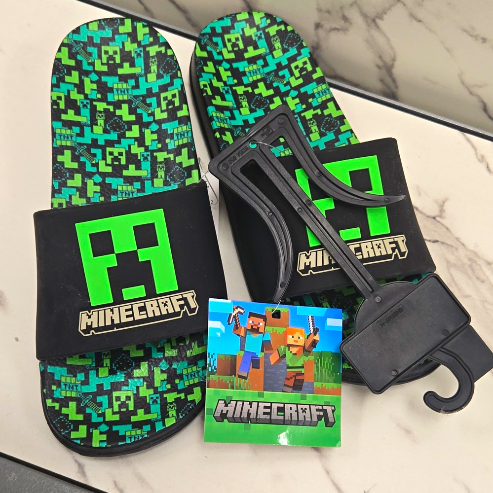 Minecraft Slide Sandals Unisex Kids US 3-4 Black/Green Slip On