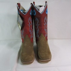 Old West Youth Kid’s Square Toe Suede Western Boots Camel/Red 8206