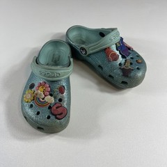 Crocs Iconic Comfort Kids/Children’s Teal Blue Glitter Sandals Size 10c w/Charms