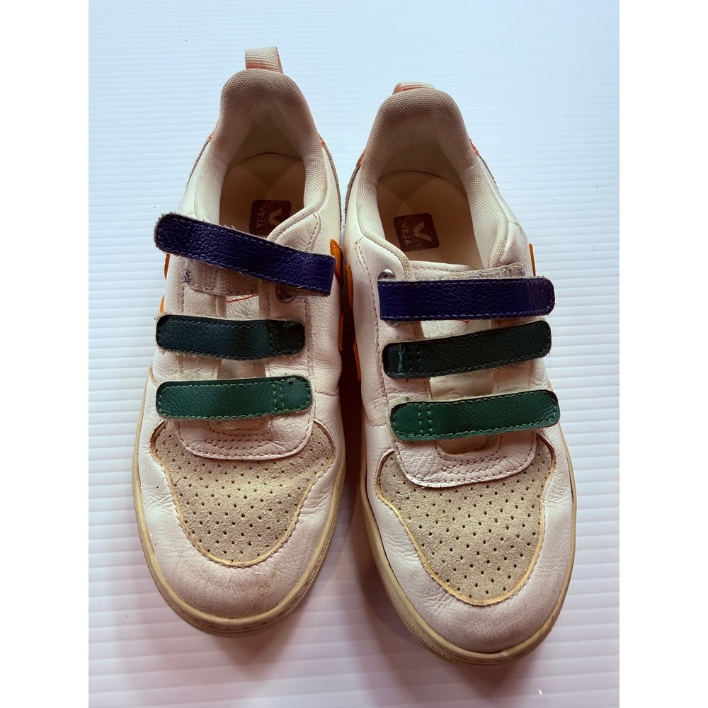 Veja V-10 Multi-Color Leather Strap Sneakers White Orange Green Kids Size 4