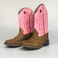 Old West Pink Brown Leather Cowboy Boots Kids 11.5 Western