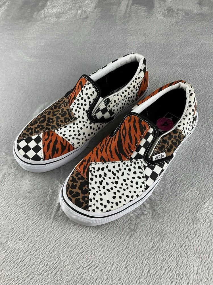 VANS Dalmatian Tiger Leopard Print Checkered Patchwork Slip-On Shoes Kids Size 4
