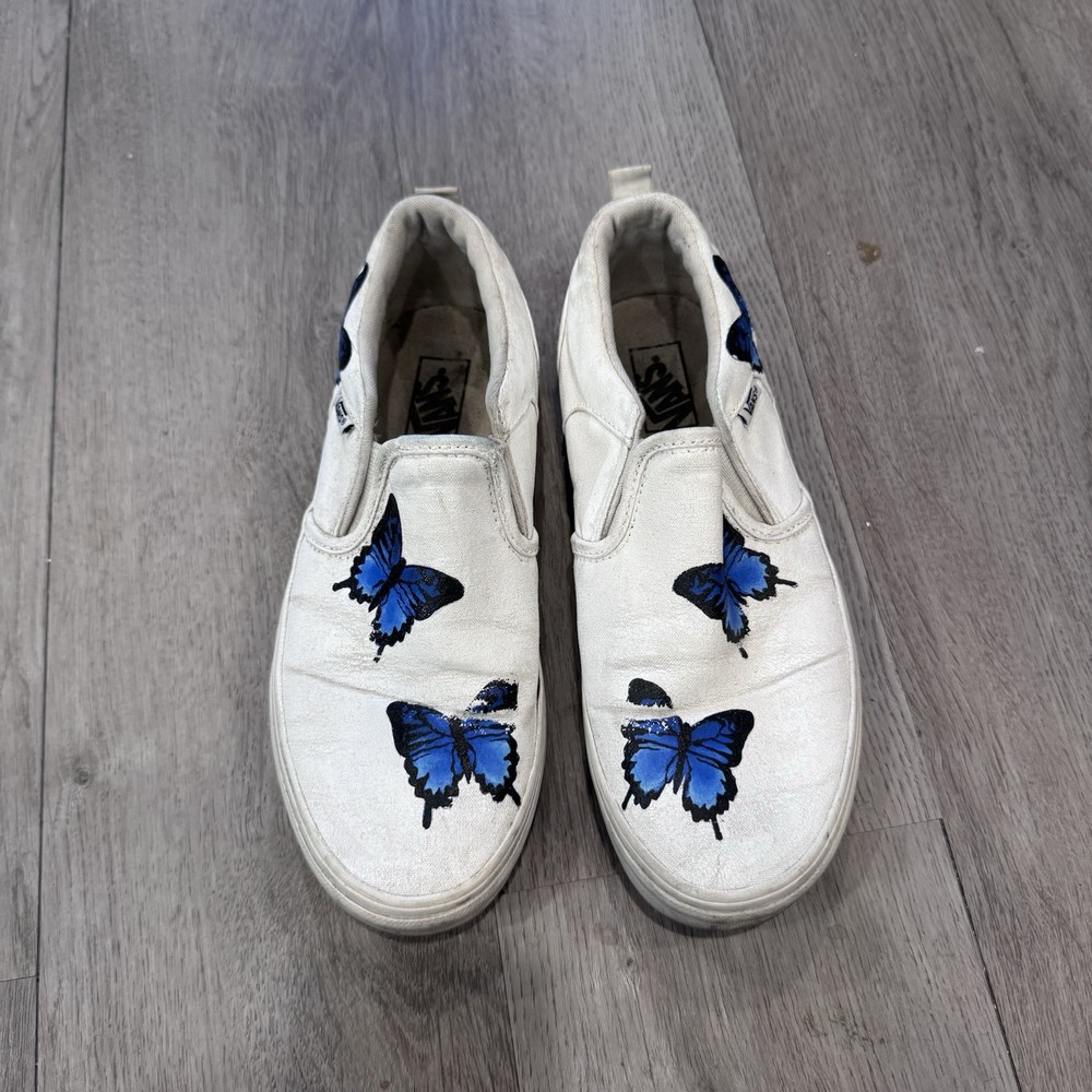 Blue Butterfly White Slip On Vans – Custom Painted Vans Shoes Youth Size 5