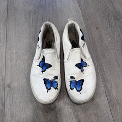Blue Butterfly White Slip On Vans – Custom Painted Vans Shoes Youth Size 5