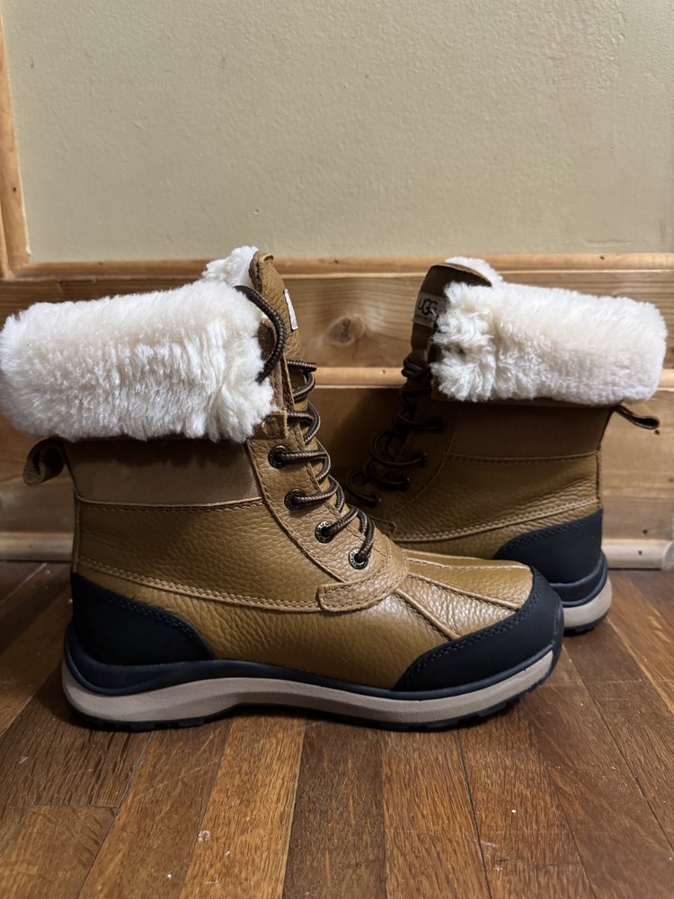 UGG Waterproof Leather Lace-Up Kids Brown Snow Boots Faux Fur Trim Size 7