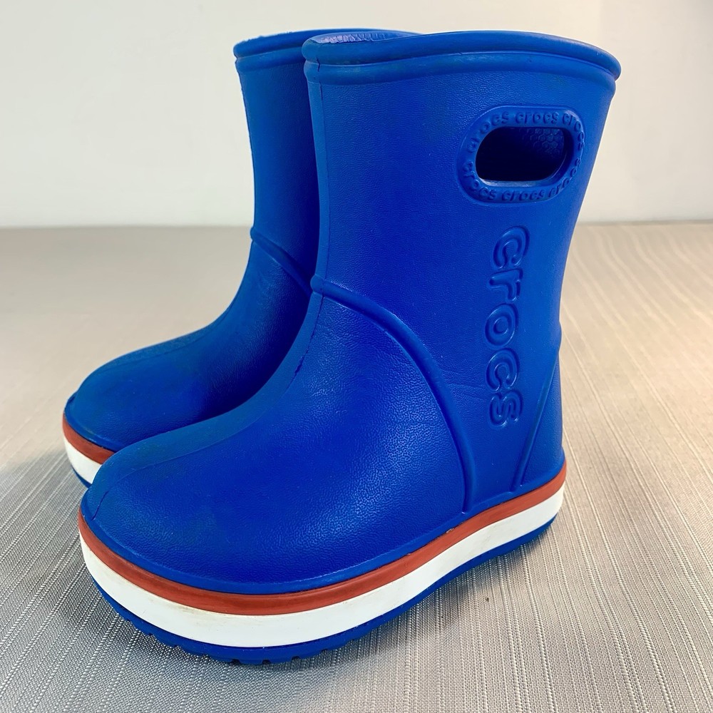 Crocs Kids Handle It Rain Boots Sz C6 Blue Red White Children Pull On Rain Boots