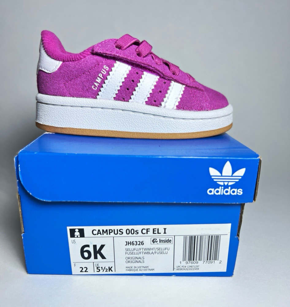 adidas Campus 00s CF EL I Kids Sneakers Suede Pink/White 6K Lace Up JH6326