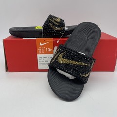 Nike KAWA Slide Black Metallic Gold Rhinestone Bling Out Kids 13 MODIFIED
