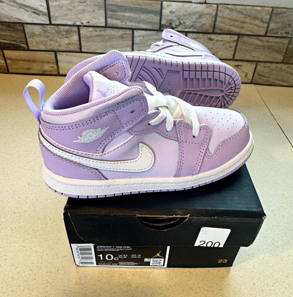 Jordan 1 Mid Purple/White Kids Sneaker US 10C Leather Mid Top