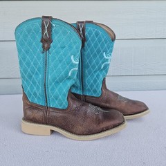 Twisted X Hooey Square Toe Leather Western Boot Youth SZ 2.5 Brown Turquoise