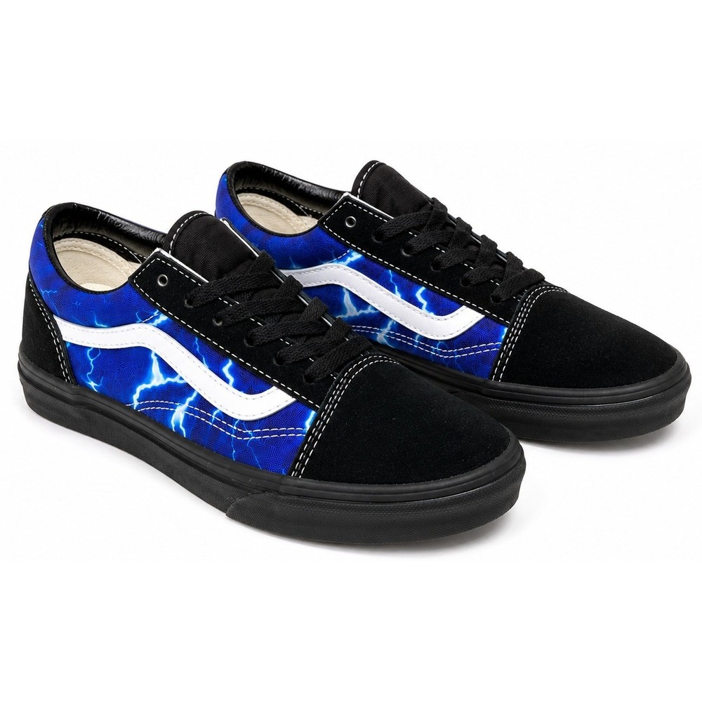 Vans Old Skool Lightning Kids 1.5 Blue Black Shoes Skate Sneakers Damage