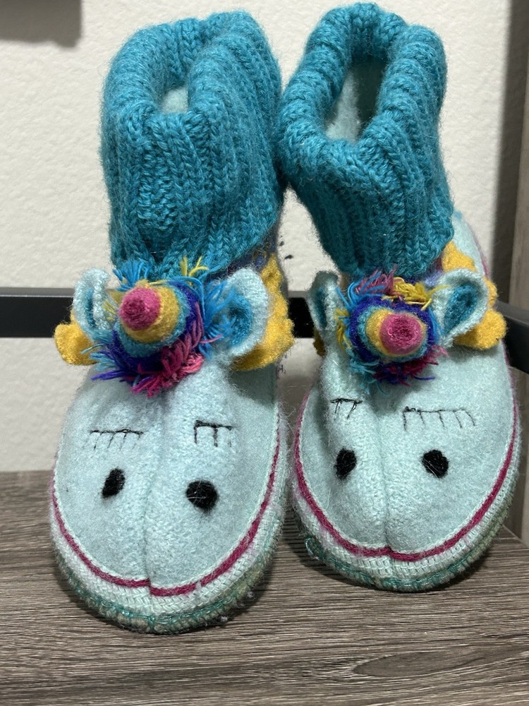 Garnet Hill Unicorn Wool Slippers, Size 10 Colorful Whimsical Fun Twee Girls