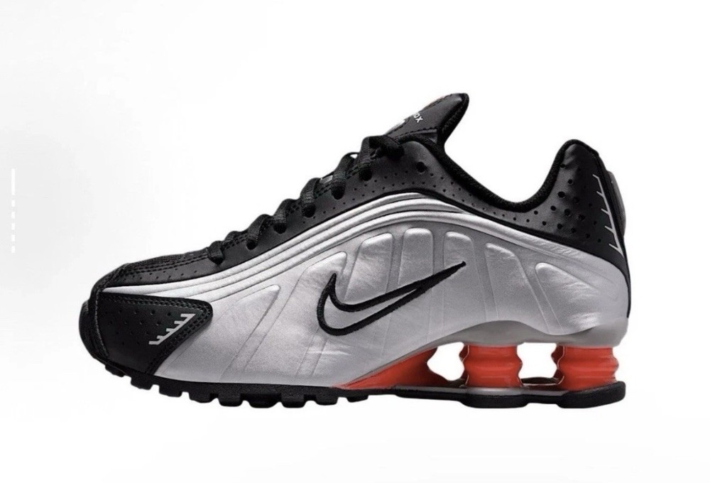 Nike Shox R4 Metallic Silver Black Red Running Shoes Retro CW2626-005 GS Sizes