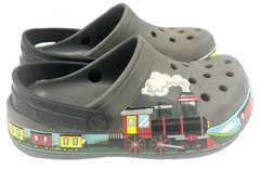 Crocs Kids Classic Clogs Train Print Gray Black C11 Steam Engine Slip On Shoes