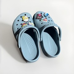 Authentic Crocs Classic Clogs Blue Sz J/4 With 6 Charms Food, And Characters.
