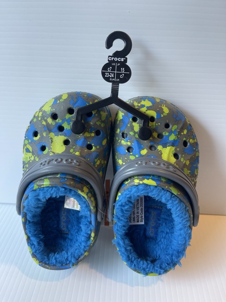 Crocs Kids Blue Green Grey Fleece Lined Shoes New Size C7 EU23-24