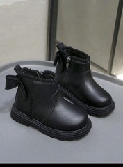Black Chelsea Ankle Boots for Unisex Kids with Bow Accent and Side Zip